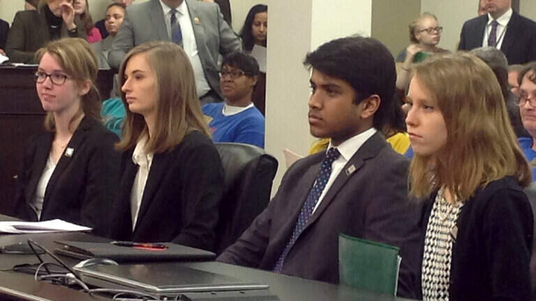 Amanda Wahlstedt, second from left, testifies alongside three Student Voice Team members before a Kentucky House panel